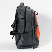 Grey and orange wheelchair bag with cane pocket, high visibility design, on white background, front view.