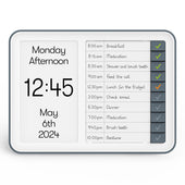 Dementia reminder clock displaying date, time, daily tasks and checklist, Relish Day Hub, front view.