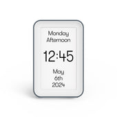 Relish Day Connect Dementia Clock showing Monday afternoon, 12:45, 6 May 2024 on a white HD screen with grey frame, front view.
