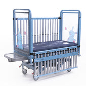 Blue cot with VE mattress, drop-down rails, bunny and butterfly decorations, foldable side tray, front angle.