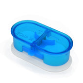 Blue and white Pivotell pill splitter with clear lid, double steel blade and divider, Pivotell logo visible, shown on white background, top view.
