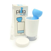 Pivotell Pill Crusher with blue handle, white container, cleaning brush, lid and illustrated box, product set front view.