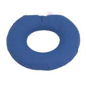 Round blue cushion with central hole, designed for comfort and support, top view.