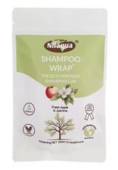 Nilaqua Biodegradable Shampoo Wrap with vegan label, apple and jasmine icons, and a tree illustration, front view.