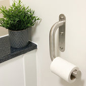 Brushed steel toilet roll grab rail mounted next to a potted plant on bathroom counter, side view.