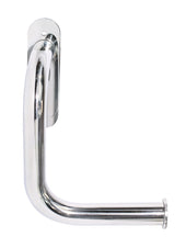 Polished steel L-shaped toilet roll grab rail with built-in holder, wall-mounted, shown from side view.