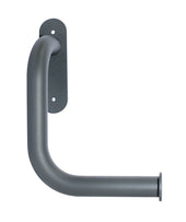 Brushed steel toilet roll grab rail with rounded 90° bend, two wall screw holes, wall-mounted design, front angle.
