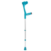 Turquoise Ossenberg Classic open cuff crutch with ergonomic handle and adjustable height, upright on white background, front view.