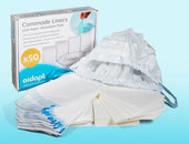 Aidapt commode liners with absorbent pads, pack of 50, unfolded liners shown for commode pans, top view.