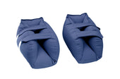 Blue, soft padded heel protectors with Velcro straps, shown from a side view.