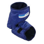 Blue Invacare Maxxcare Heelboot with Velcro straps for pressure relief, side view.
