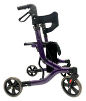 Purple Medequip Cirrus lightweight aluminium 4 wheel rollator with hand brakes, seat and storage pouch, side view.