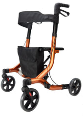 Purple aluminium 4 wheel rollator with padded seat, black bag and brake handles, side view.