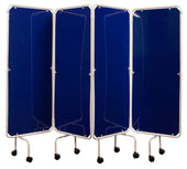 Grey screen frame with four panels, fire-retardant white metal frame and castor wheels, upright on white background, front view.