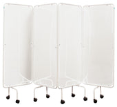 Grey four-panel privacy screen with translucent panels, metal frame and wheels, fire-retardant material, front angled view.