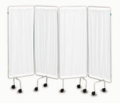 Blue plastic folding screen with four wheeled panels, plain white background, front view.