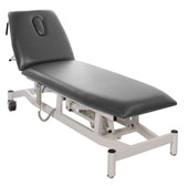 Apple green two section plinth with adjustable backrest and white metal frame, side view.