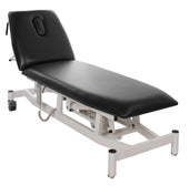 Apple Green two-section plinth with adjustable headrest and white metal frame, for clinic or hospital use, side view.