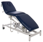 Drive Doherty 3 section plinth in blue with adjustable height, face cutout, white frame and wheels, side view.