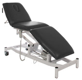 Blue three-section height adjustable medical plinth with wheels, shown from a side angle.