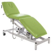 Apple Green Drive Doherty 3 section plinth with headrest, leg support, white frame and wheels, side view.