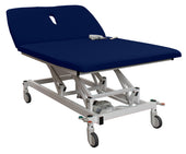 Drive Doherty 2 Section Bariatric Plinth in storm blue, height adjustable with wheels and white frame, side view.