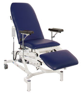 Drive Doherty Phlebotomy Chair in Storm Blue with adjustable backrest, leg rest, arm supports and electronic height, front angle view.