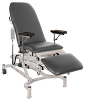 Slate grey phlebotomy chair with adjustable height, armrests, remote control and retractable castors, front angle view.