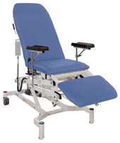 Storm Blue Drive Doherty Phlebotomy Chair with electronic height, adjustable armrests, backrest, leg support and castors, front view.