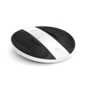 Oval electronic device with digital display, black foot pads and white power button, front view.