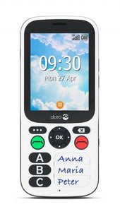 White Doro 780X safety phone with large A, B, and C buttons next to the names Anna, Maria, and Peter, front view.