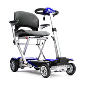Blue folding mobility scooter with black seat and armrests, shown in compact form, side view.