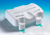 Kingfisher bath seat with curved grooves and non-slip suction cups on a blue background, front view.