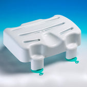 Kingfisher bath seat with curved grooves and non-slip suction cups on a blue background, front view.