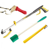 Leash, reacher, scooper and yellow waste bag holder set for dog walking, front view.