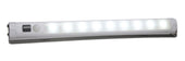 Ravencourt LED motion sensor light with white finish on flat metal base, switched on and glowing, front view.
