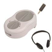 Sarabec Crescendo 60/2 hearing amplifier with volume and tone dials, over-ear headphones, and 3.5mm audio adapter, front view.