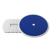 Blue and white round Kanjo turning-transfer aid with hinged rectangular base, for mobility assistance, front view.
