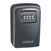 Aidapt wall mounted key safe with 4-digit combination dials and purple branding on the front, front view.