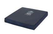 Dark blue foam and gel Transflo Cushion Bari with white logo and text on top centre, front view.