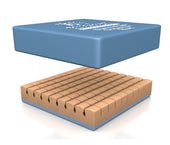 Dynapad Superior Bari Cushion placed above a tan foam base with visible grooves and slots, exploded view.