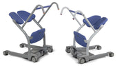 Pair of blue and grey Arjo Huntleigh Sara Stedy Compact standing aids, padded seats and handles, early mobilisation support, side by side front view.