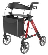 Red Rehasense Stylus rollator with hand brakes, seat and front basket, front view.