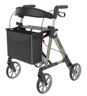 Red Rehasense Stylus rollator with four wheels, seat, and storage bag, side view.