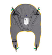 Oxford Comfort Sling with yellow trim, green loops, and metal clips for patient transfer, front view.