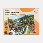 Relish 63 piece jigsaw puzzle showing Monet’s Garden with colourful house and flowers, suitable for dementia care, front view.