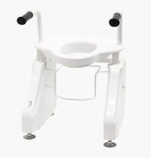 Adjustable commode chair with armrests and rubber-tipped legs, suitable for accessible bathrooms, front view.