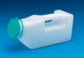 NRS Male Urinal with graduated markings and green lid on a blue background, side view.