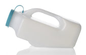 White plastic male urinal bottle with blue cap, lying on its side on a white background, side view.