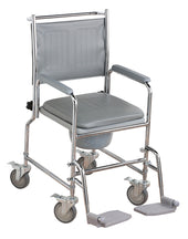 NRS wheeled commode with silver frame, grey padded seat, detachable arms, wheels and footrests, front view.